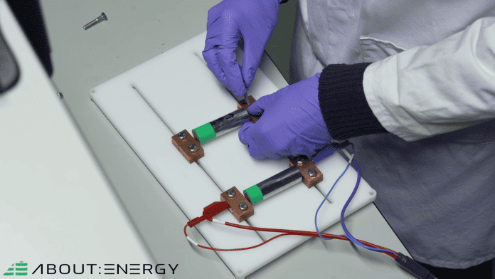 Batteries being attached to a test rig for characterisation